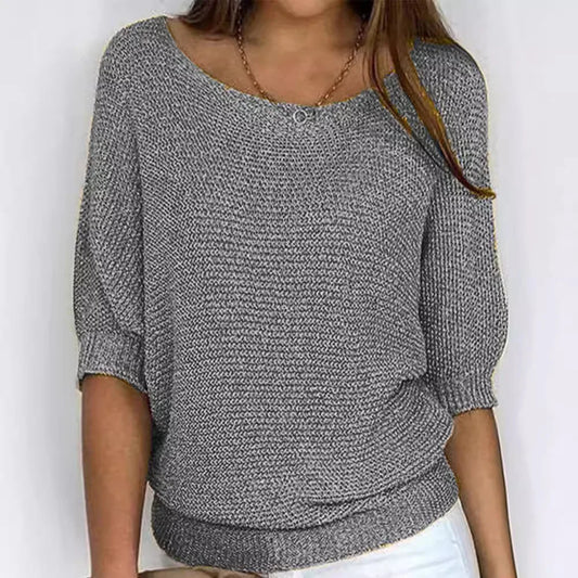 Women O-Neck 3/4 Sleeve Knitwear Sweater Spring Autumn Solid Casual Loose Pullover Top