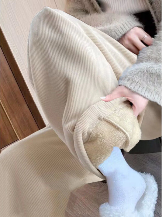 High Waist Wide Leg Pants for Women – Autumn Winter Flannel Fleece Lined Straight Cut Casual Trousers
