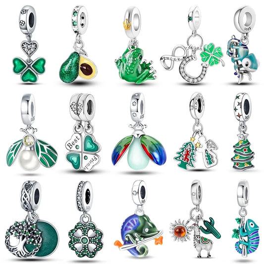 925 Sterling Silver Tree of Life Four-Leaf Clover Green Charms Beads β Fit Qikaola Bracelet DIY Jewelry