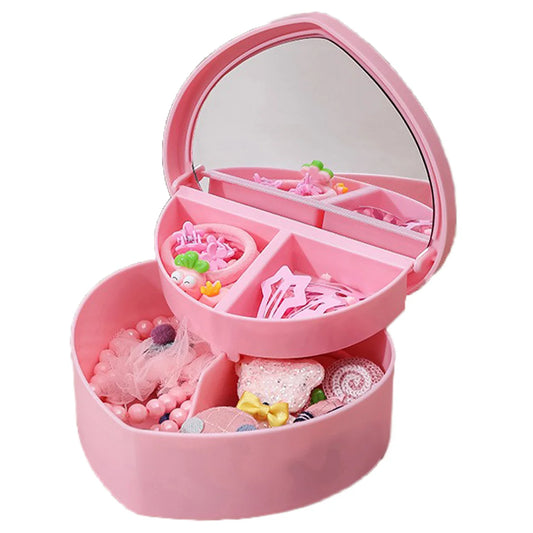 Hair Accessories Box Jewelry Storage With Mirror Pink Hair Clips Rubber Band Organiser For Girls Children Portable Travel Case