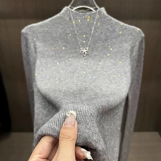 Slimming Knitted Sweater Women Soft Skin-Friendly Warm Half-High Collar Ribbed Long Sleeve Base Pullover