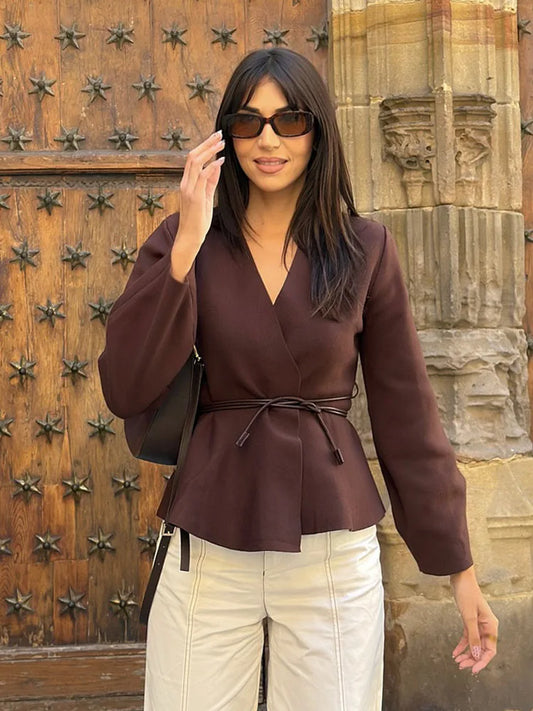 HH Woman's Fashion High Street V-Neck Tops Belt Decoration Jacket Women Autumn Casual Long Sleeve Solid Knitted Cardigan Trendy