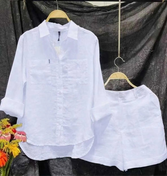 Fashion White Long Sleeve Shirt and Shorts Two-Piece Set Women 2025 Summer Cotton Linen Casual Home Outfit