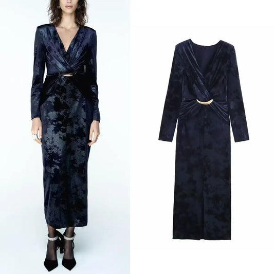 Women's Fashion High Waist Elegant Sexy Dress Waist-Defining Slim V-Neck Long Sleeve Velvet Versatile Party Streetwear Dress