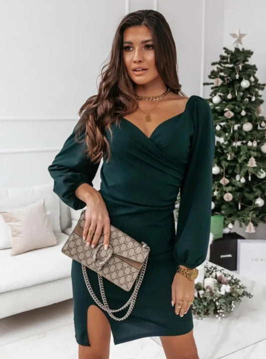 Women's Clothing Autumn and Winter New Fashion Commuter V-neck Dress Ladies Casual Cross Long Sleeve Pullover Dress