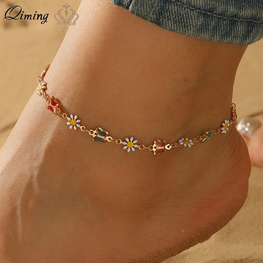 QIMING Boho Sunflower Anklets For Women Foot Chains Beach Jewelry Sandals Butterfly Pendant Bracelet Anklets