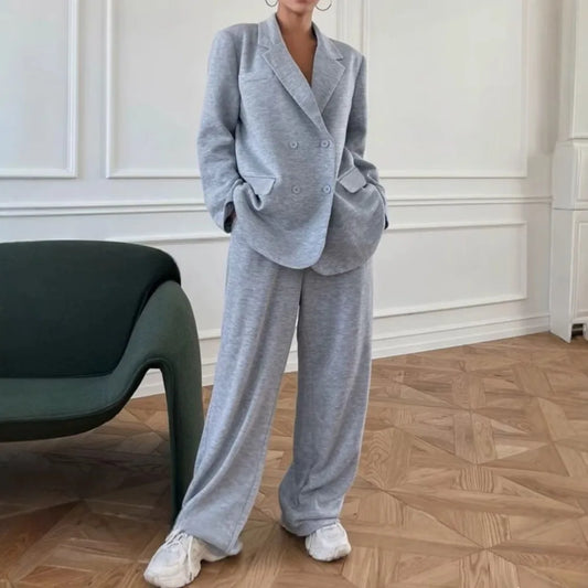Women's Fall Winter Fashion Trend Set - Lapel Cardigan with Elastic Waist Trousers for Smart Casual, Office and Daily Chic