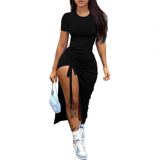 Women's fashion, sexy, slim fit, solid color pleated, split drawstring dress