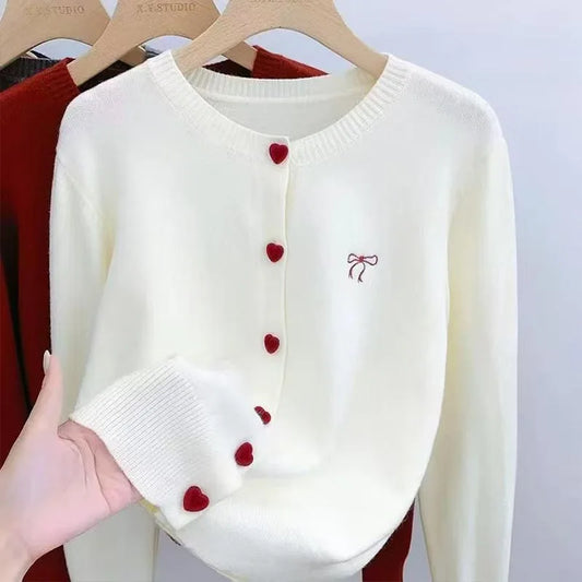 Women's Clothing Vintage Love Button Knit Cardigan Autumn/Winter Fashion All-match Bowknot Embroidery Sweaters Lady Elegant Tops