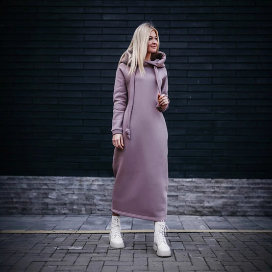 Women Fashion New Loose Large Knitted Hooded Autumn Winter Long Dress Velvet Hoodie Dress Casual Dress Splicing Warm Dress