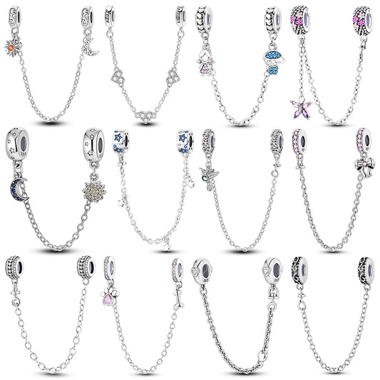 925 Silver Safety Chain Charm Moon Star Leaf Clip | Fits Original Bracelet | Luxury DIY Jewelry for Women & Girls