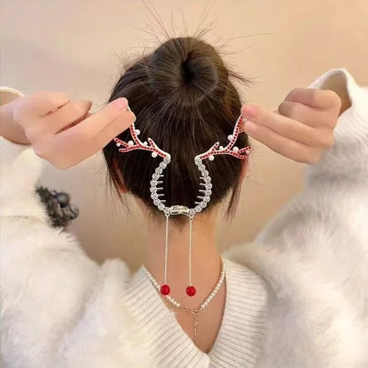 Christmas Reindeer Antler Hair Clip Rhinestone Circular Base Festive Holiday Hair Accessories, Christmas Hair Accessories