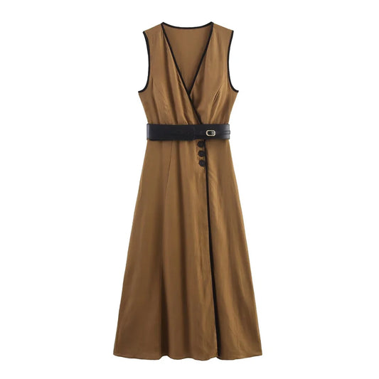 Women's Dress 2025 New Fashion Autumn Winter Linen Belt Midi Dresses for Women Casual Chic Ladies Clothes