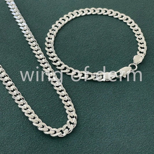 50–60cm 925 Sterling Silver 7mm Men's Cuban Sideways Necklace and Bracelet Set – Luxury Quality Jewelry Accessories