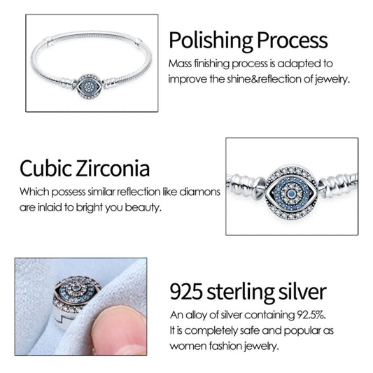 925 Sterling Silver Evil Eye Bracelet with Zircon | 17–21CM Adjustable | Fits DIY Charms & Beads | Women’s Fashion Jewelry