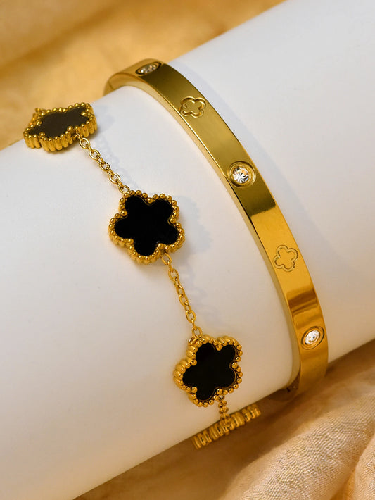 2 Pcs Stacked Stainless Steel Clover Bracelet Holiday Christmas Gift Set Everyday Jewellery In Stock Wholesale Available