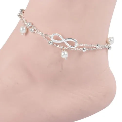 2021 Boho Female Double Layered Anklets Barefoot Sandals Imitation Pearl Foot Jewelry Anklets For Women On Foot Ankle Bracelets