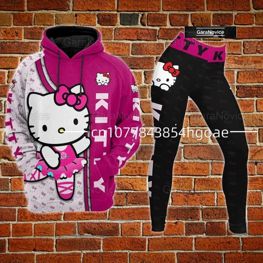 Disney Hello Kitty 3D Hoodie Women’s Hoodie and Leggings Set Patchwork Yoga Pants Sweatpants Fashion Sports Set