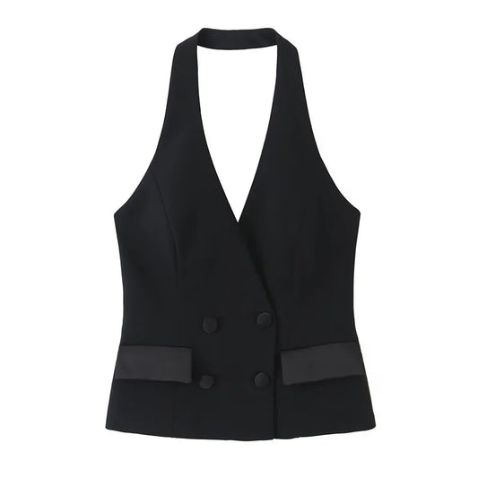 Women's Fashion Halter V-Neck Vest Retro Solid Color Front-Button Sleeveless Waistcoat Spring and Summer Casual Ladies' Fashion