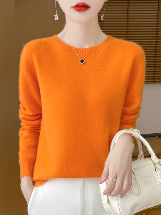 Autumn Winter Women 100% Merino Wool O-Neck Cashmere Pullover Basic Solid Fashion Warm Top