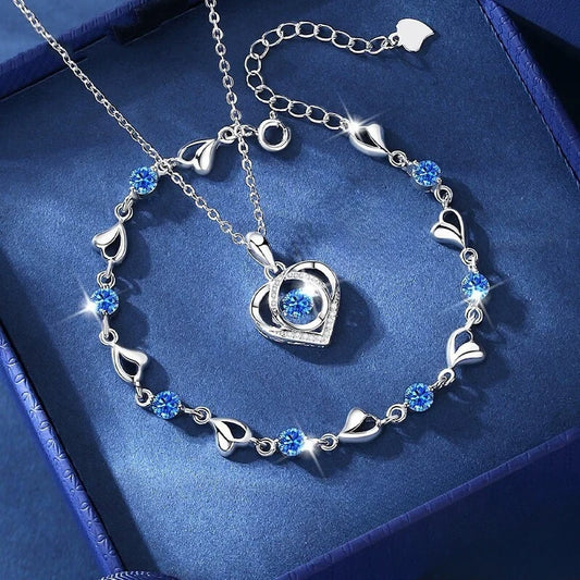 925 Sterling Silver Heart-Shaped Necklace and Bracelet Set – Women’s Vintage Korean Blue Crystal Jewelry for Party
