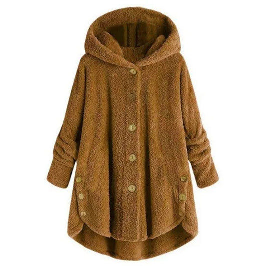 Autumn Winter Women’s Coat – Warm Wool Plush Hooded Jacket, Solid Color Female Outerwear