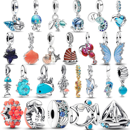 Original Ocean Series 925 Silver Sea Star, Shell, Turtle, and Sail Pendant – Women’s Necklace and Bracelet DIY Jewelry Gift