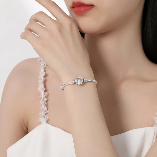 Original 925 Sterling Silver Bracelet – Love Heart Clip Charm Beads Snake Chain for Women | Rose Gold DIY Luxury Jewelry