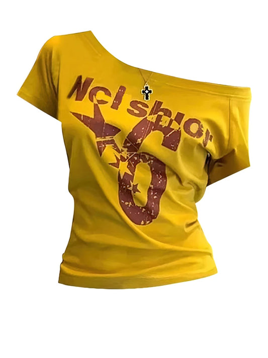 Y2K Sport Summer Off-Shoulder Top Women Sexy Vintage 2000s Short Sleeve Crop T-Shirt