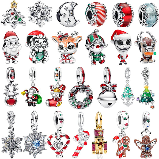 Original 925 Sterling Silver Christmas Charms – Santa Claus and Reindeer Earrings and Beads for Necklace and Bracelet DIY Jewelry Gifts