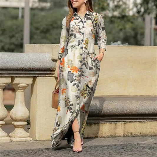 Fashion Summer Dresses 2024 New Women's Printed Elegant Robe Flip Collar Single Breasted Elegant Commuter Long Dress