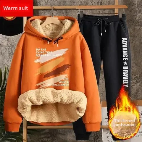 Lamb Velvet Hoodie Set Women Thickened Autumn Winter Sweatshirt Pants Full Sleeve Fashion Student Outfit