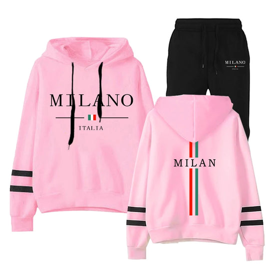 Italy Milan Women’s Tracksuit Hooded Sweatshirt Black Sweatpants High Grade Casual Sports Streetwear Outfit