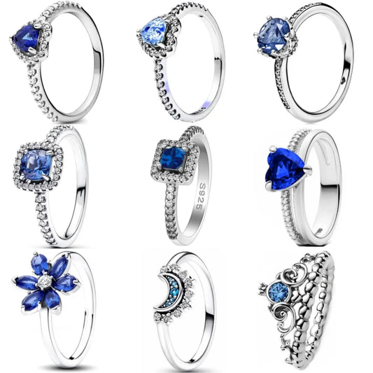 Blue 925 Sterling Silver Ring for Women – Fashion Moon Snowflake Heart Design Wedding Party Jewelry