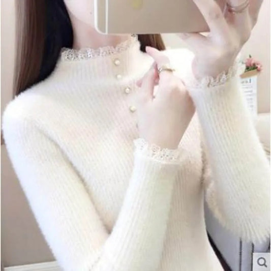 Women Clothing Elegant Fashion Half High Collar Long Sleeve Sweaters Autumn Winter Chic Fluff Solid Knit Pullovers Lace Edge Top