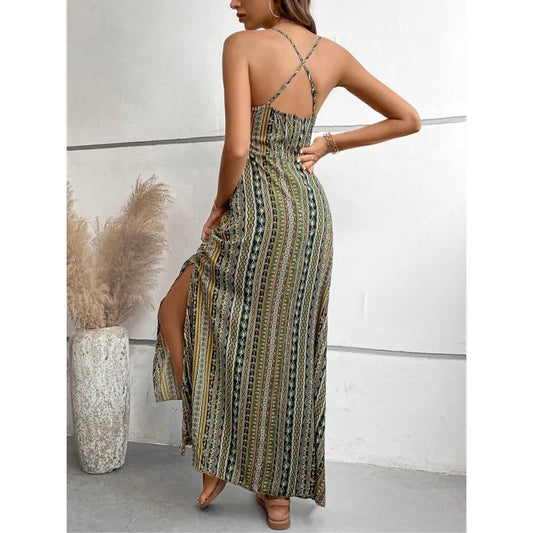 Female Clothing Dresses For Woman Spring And Summer New Women's Fashionable Suspender Print Beach Slit Dress High Waist Slimming