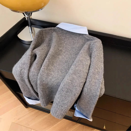 Fake Two Shirts Collar Sweater Women Autumn Outfit New Lazy Interior Contrasting Color Gray Knit Top with Flip CollarFake Two Shirts Collar Sweater Women Autumn Outfit New Lazy Interior Contrasting Color Gray Knit Top with Flip Collar