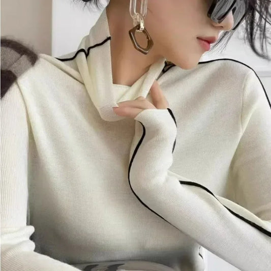 Fashion Turtleneck Pullover Women 2023 New Autumn Winter Slim Fit Long Sleeve Elegant Office Sweater Black White