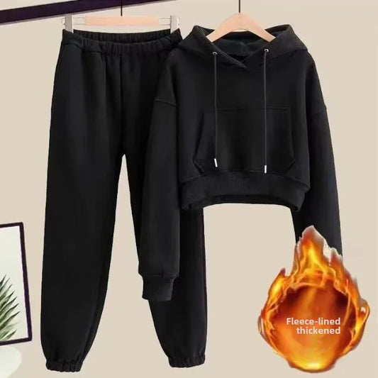 Petite Autumn Winter Women’s Fleece-Lined Thickened Hooded Sweatshirt and Jeans 2-Piece Winter Set