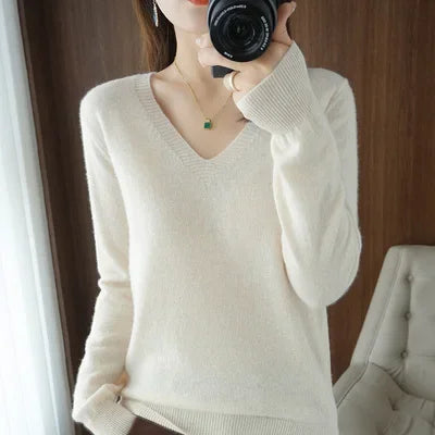 Women’s Sweater 2025 Autumn Winter V-Neck Slim Fit Knitted Pullover Solid Basic Knitwear Jumper