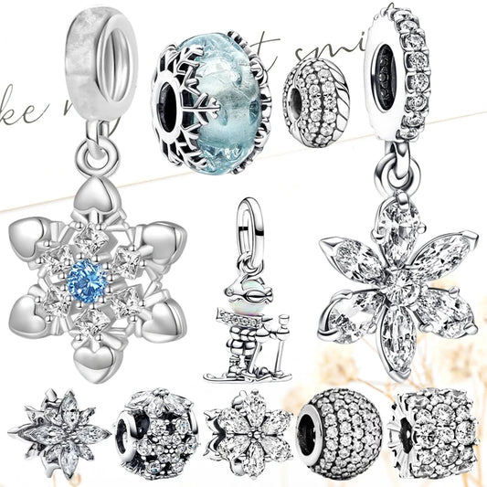 Hot Sale Sparkling Snowflake Series Charm Beads – Skier Winter Blue Snowflake Murano Fit Original 925 Silver Bracelets DIY Jewelry