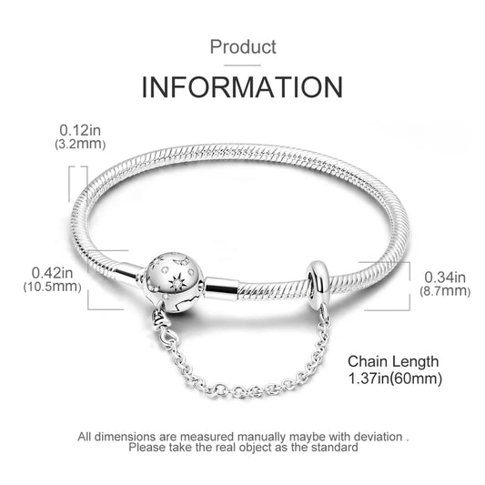 Original 925 Silver Starry Full Moon Bracelet | 17-20CM Snake Bone Safety Chain | Women’s DIY Charm Bracelet