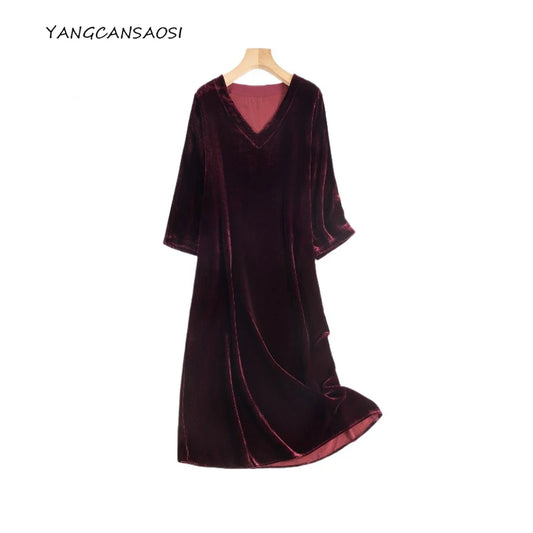 2025 Women's Fashion Spring/Autumn New Style 30% Natural Mulberry Silk Velvet Red Temperament Loose V-neck Versatile Party Dress