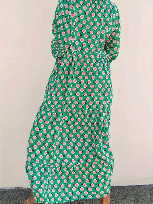 Women’s fashion: versatile V-neck floral print, elegant, long-sleeved dress.