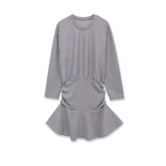 Women's Fashion Trend Dress Autumn Winter Casual Versatile Waist-Defined Round Neck Skirt Solid Color Pleated A-Line Petticoat