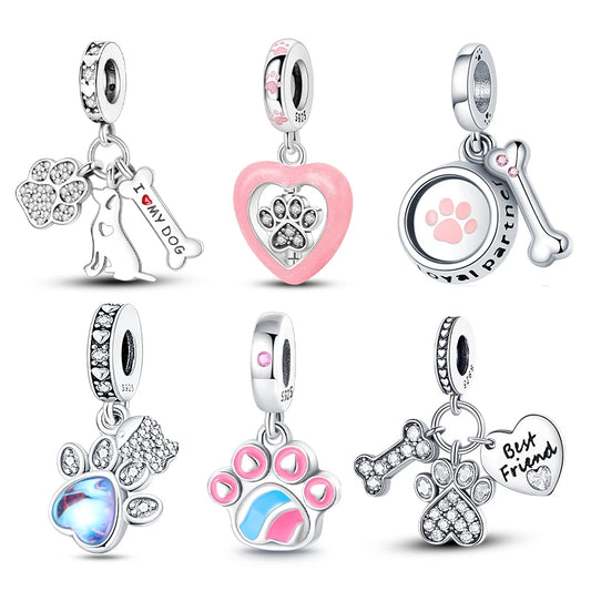 925 Silver Dog Paw Print Bone Charm | Fits 3mm Original Bracelet | Cute Pet Series Beads for Women DIY Jewelry Gifts