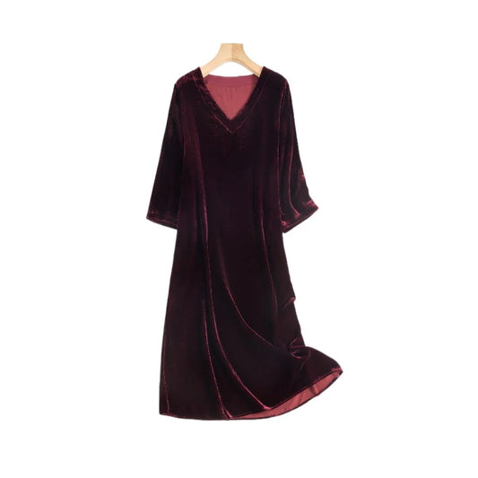 2025 Women's Fashion Spring/Autumn New Style 30% Natural Mulberry Silk Velvet Red Temperament Loose V-neck Versatile Party Dress