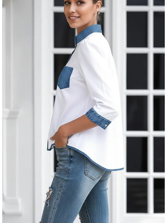 Women's Fashion Contrast Color A-line Blouses Loose High-low Buttoned Stand Collar Casual Daily Shirts Tops