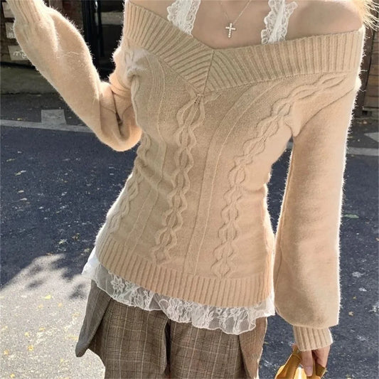 Fashion Vintage V-Neck Knitted Top Women 2025 Early Autumn Slim Long Sleeve Pullover Sweater Gray