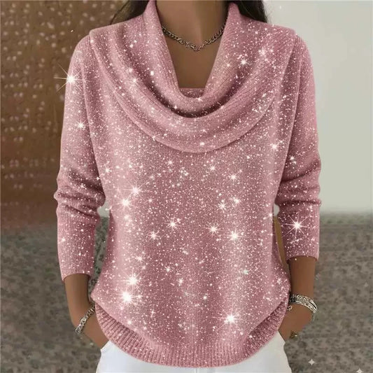 Fashion Sequins Knit Sweater Women Casual Pile Collar Long Sleeve Pullover Holiday Party Top